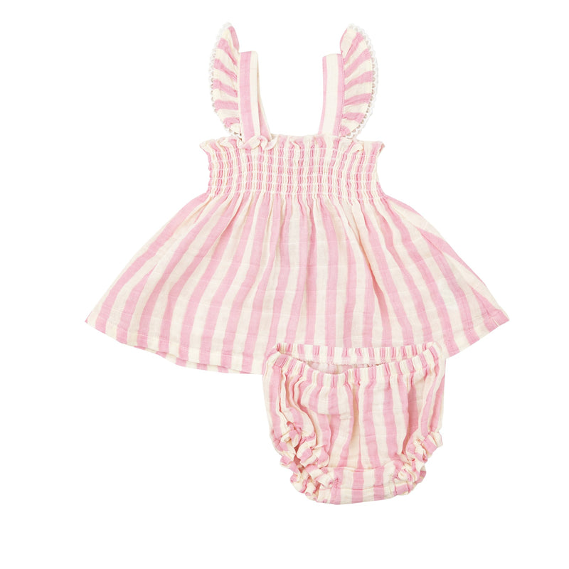 Baby Girl Dress | Ruffle Strap Smocked Top and Diaper Cover- Pink Stripe| Angel Dear
