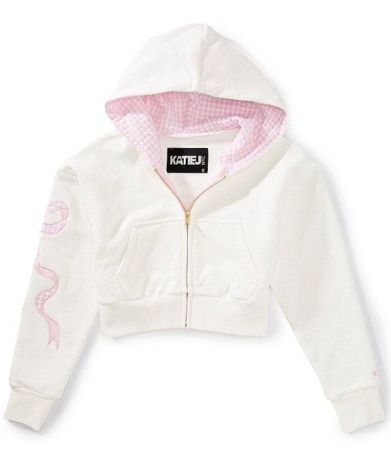 white zip hoodie with pink and white zip hoodie. coquette bow on the sleeve and lining inside hte hood is pink and white seersucker