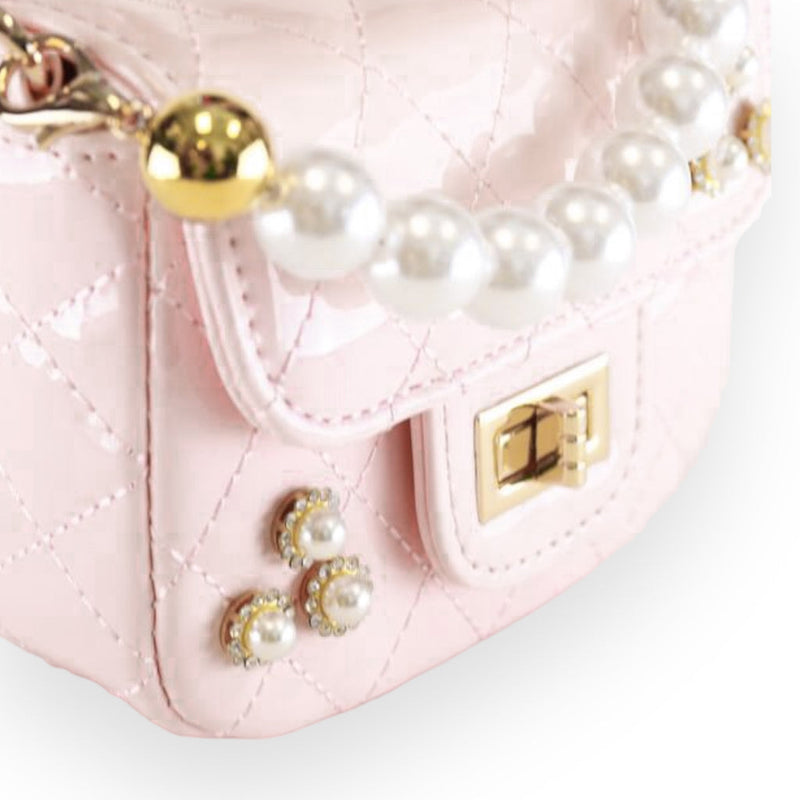 Handbag | Embellished Patent Quilted Purse- Light Pink | Doe a Dear