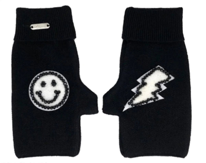 Gloves |Black Smiley Bolt Fingerless Gloves | Bari Lynn