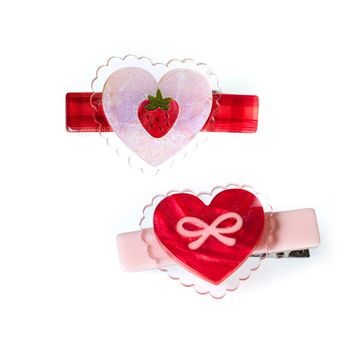 valentines hearts set of clips: one with a strwberry in the center and the other with a bow