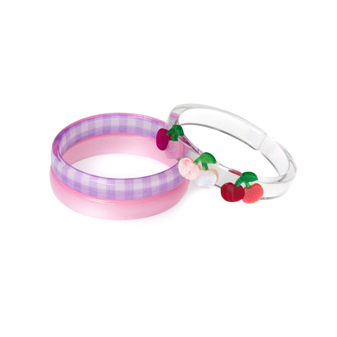 set of 3 acrylic bangles: pink, purple gingham and cherries
