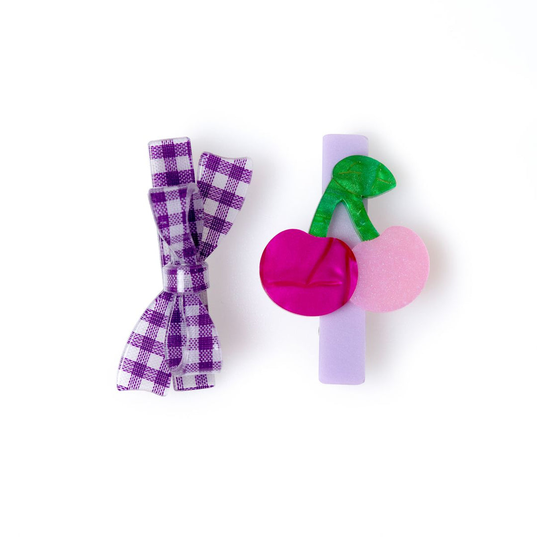 set of clips: cherry and purple gingham bow. 