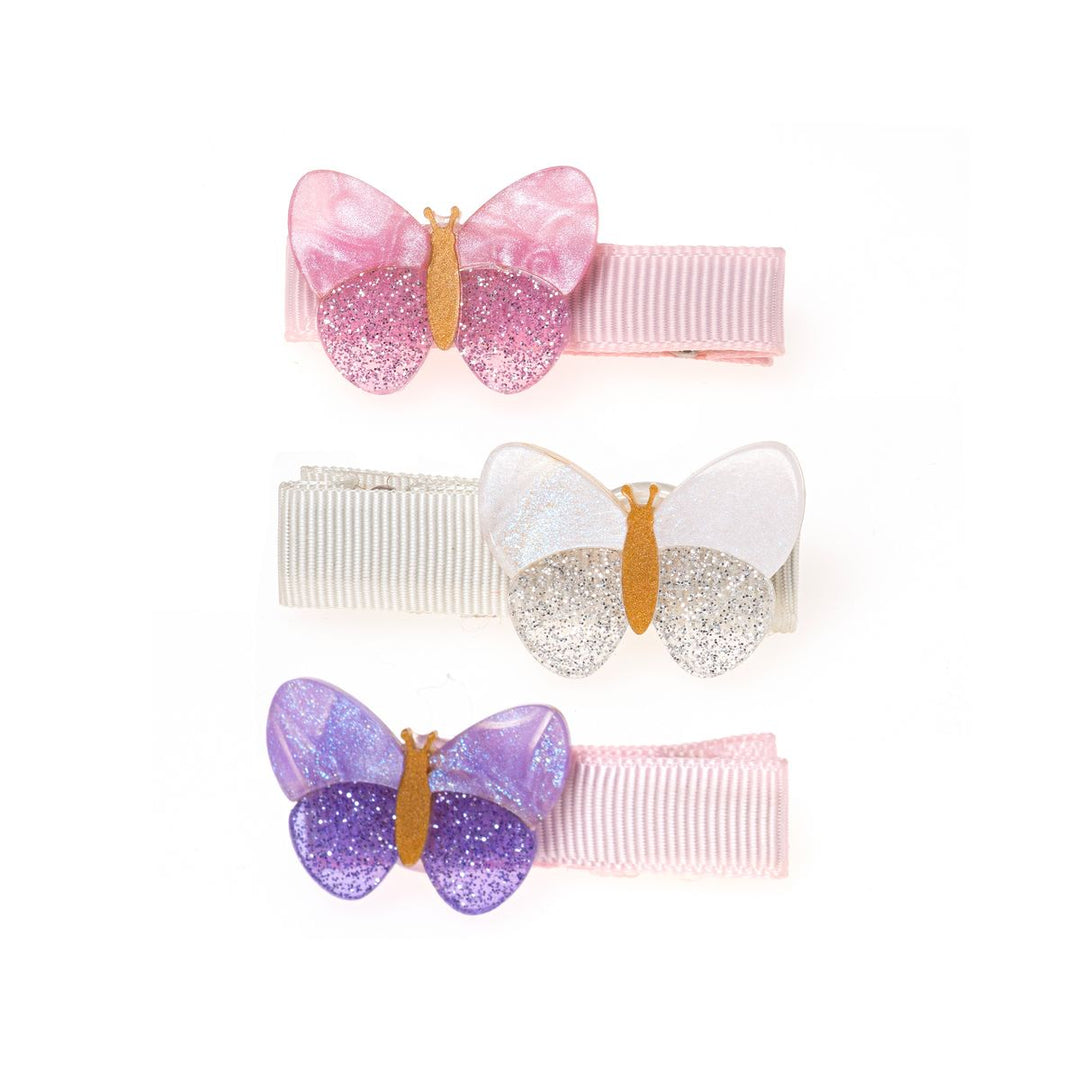 set of 3 clips with an acrylic butterfly in shade of lavender, pink and ivory