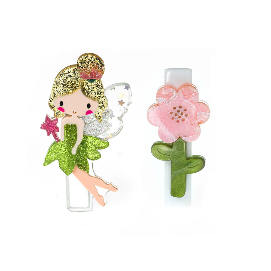 set of 2 clips: fairy in green dress and pink flower