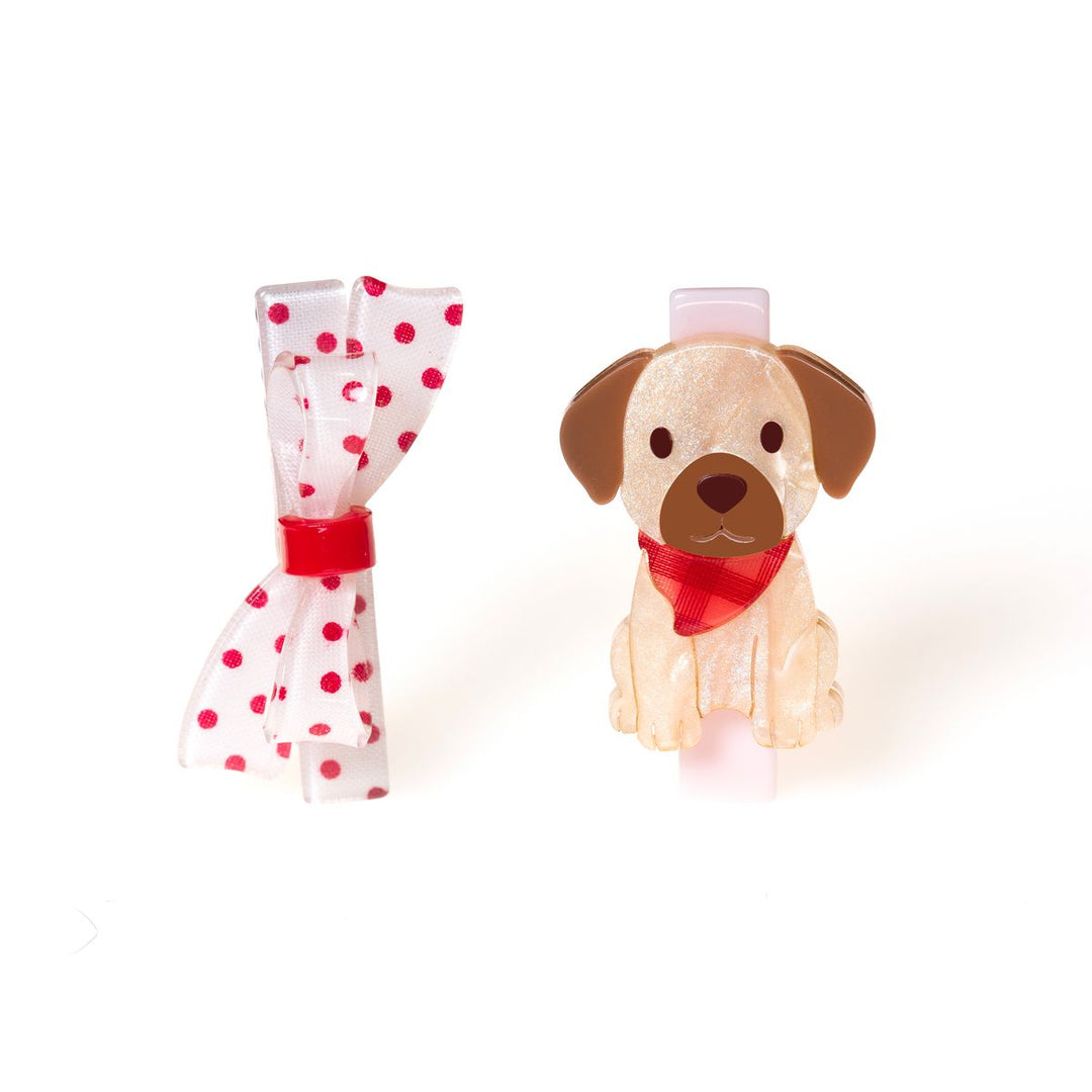 set fo 2 hair clips: dog with red scarf and a bow with the red polka dots 