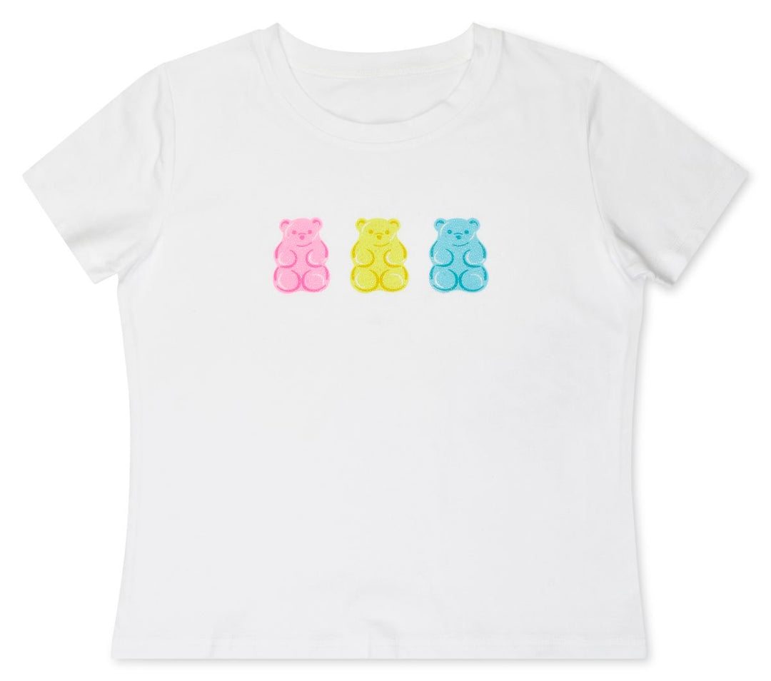 White t-shirt with colorful gummy bear graphics on a white background