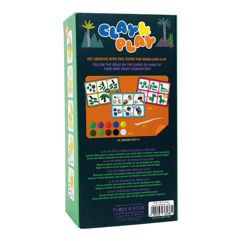 Clay & Play modeling clay kit packaging with colorful graphics and text on a white background