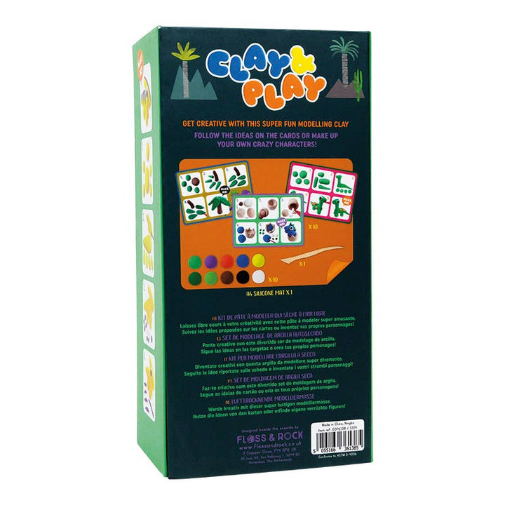 Clay & Play modeling clay kit packaging with colorful graphics and text on a white background