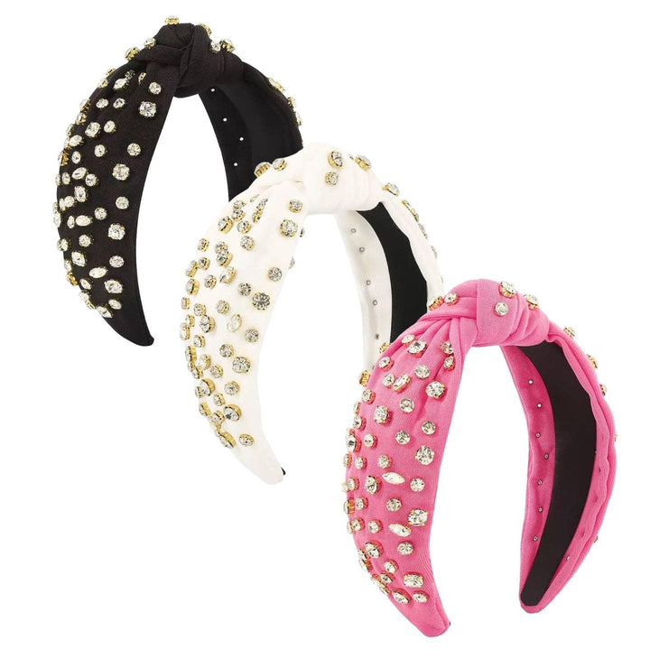 knot headbands with rhinestones sewn on. headbands come in pink, white and black. 