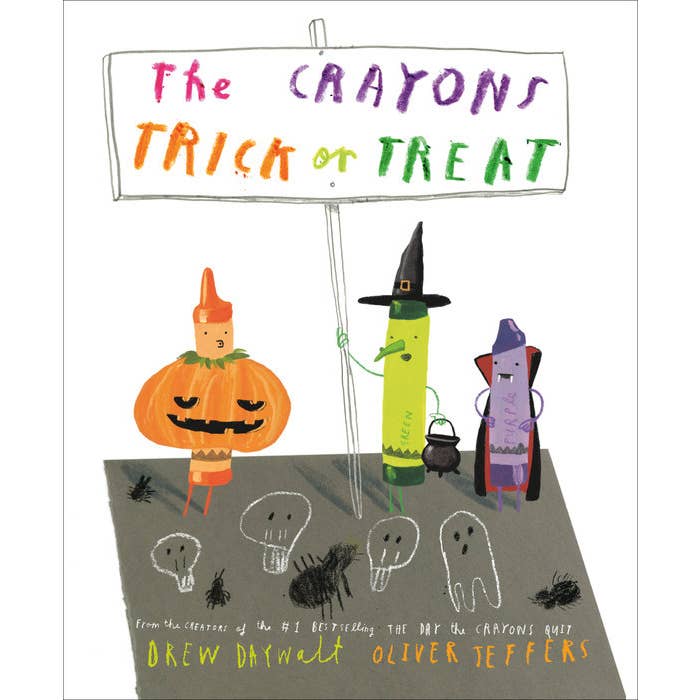 Book cover of 'The Crayons' Trick or Treat' with colorful crayon characters and Halloween-themed illustrations.