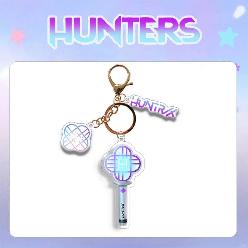 Keychain with 'Hunters' branding on a gradient background