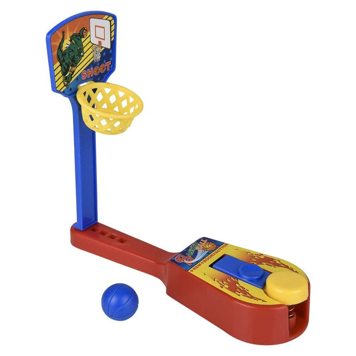 Toy basketball hoop set with a blue ball on a white background