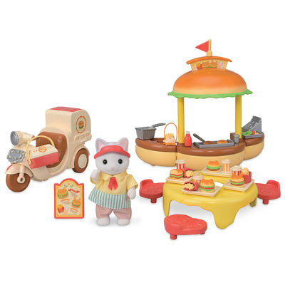 hamburger stand playset with cat and moped. comes with stand, moped, table and hairs and hamburgers and fries 