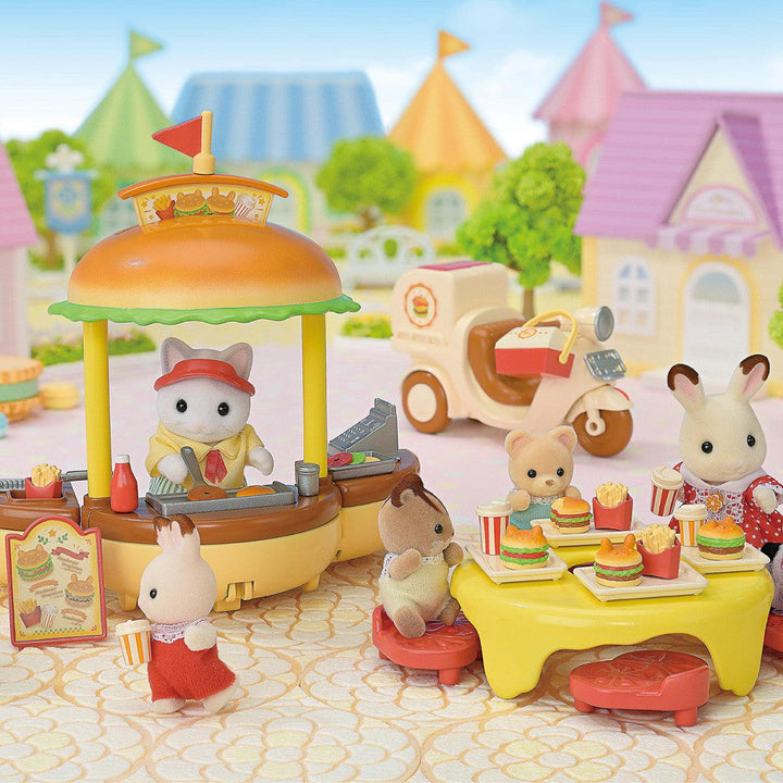 hamburger stand with calico critters from all over the calico town