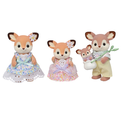 calico critter playset, family of deer wearing floral utfits, flower pieces in their ear: mom, dad, siter and baby