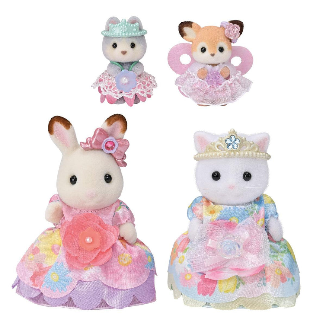 set of 4 animals dressed as princesses and one fairy. each wearing a crown and hair bows. Each also has a pretty floral dress on as well. 