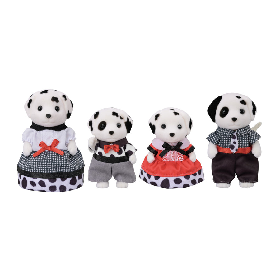 Set of four Dalmatian-themed figurines on a white background