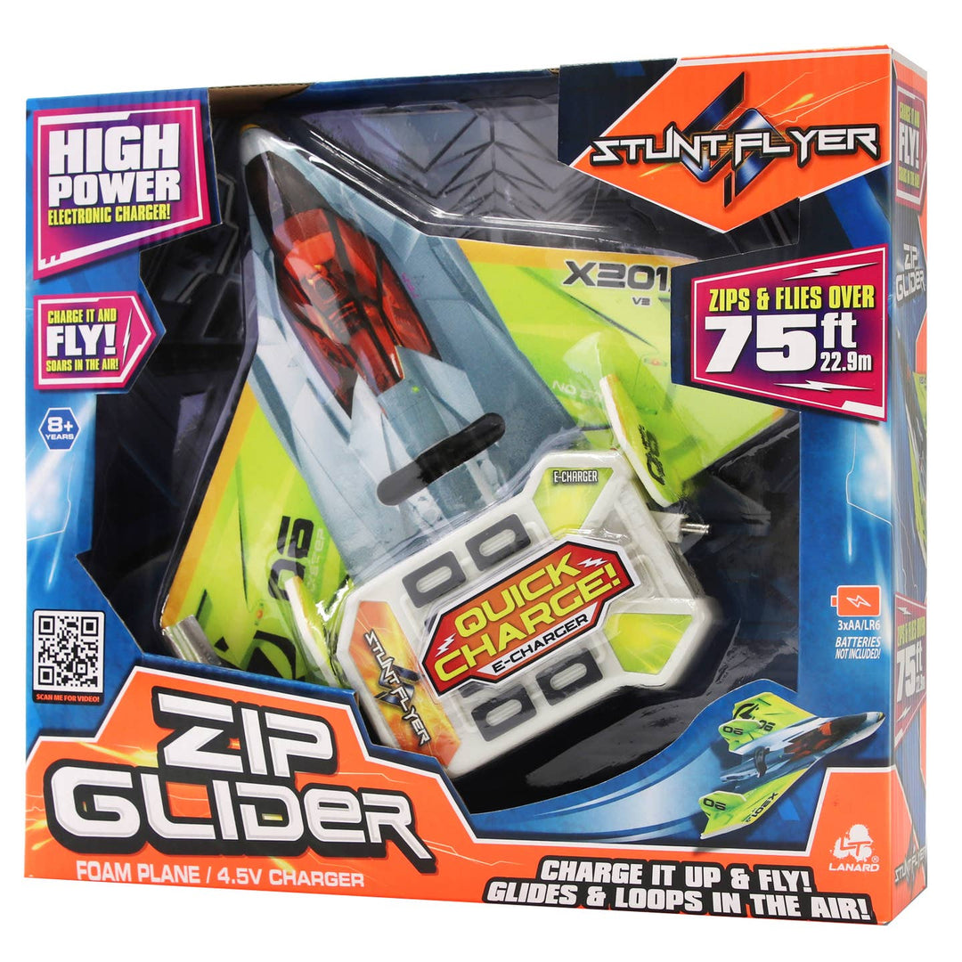 Boxed zip glider toy with branding and product details on a white background