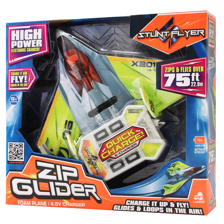 Boxed zip glider toy with branding and product details on a white background