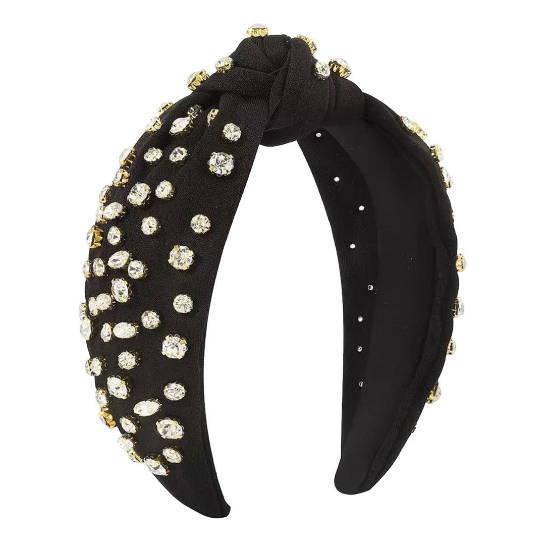 knot headband with rhinestones sewn on in black