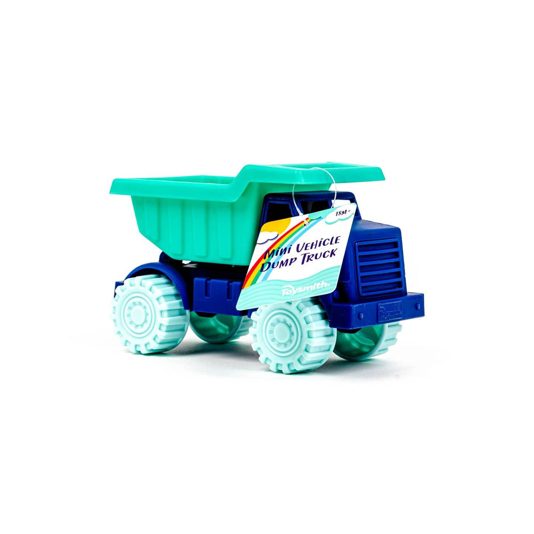 blue and green dump truck made of plastic, perfect for outdoor use. 