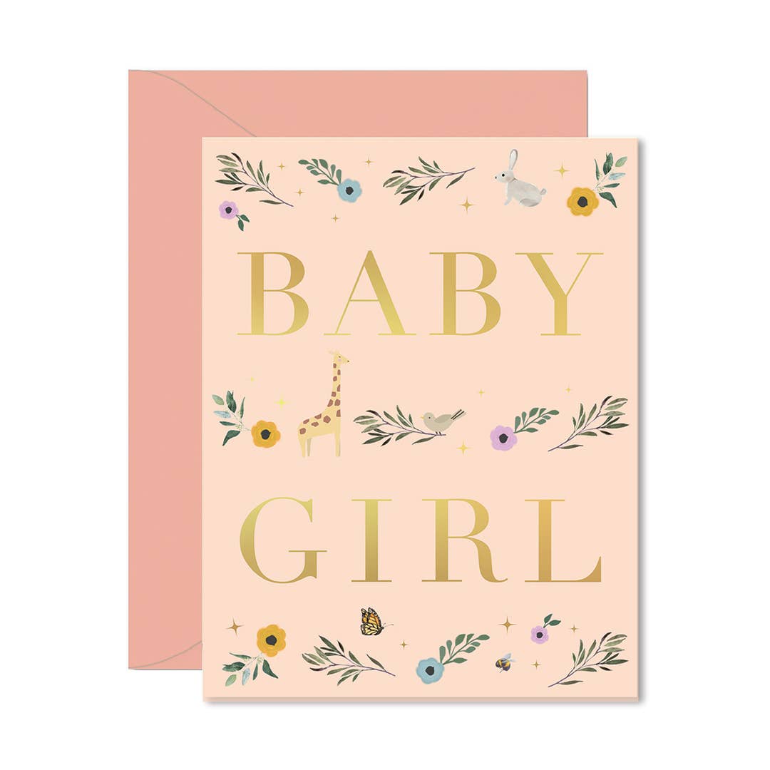 Greeting card with 'Baby Girl' text and floral decorations on a pink background