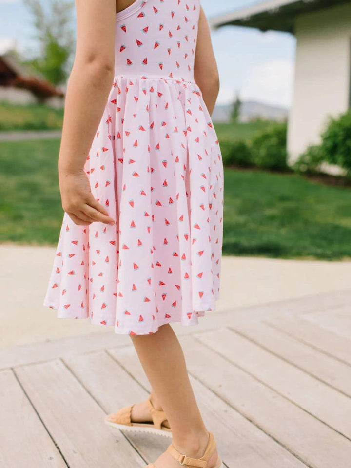 close up of the watermelons on the sundress. 