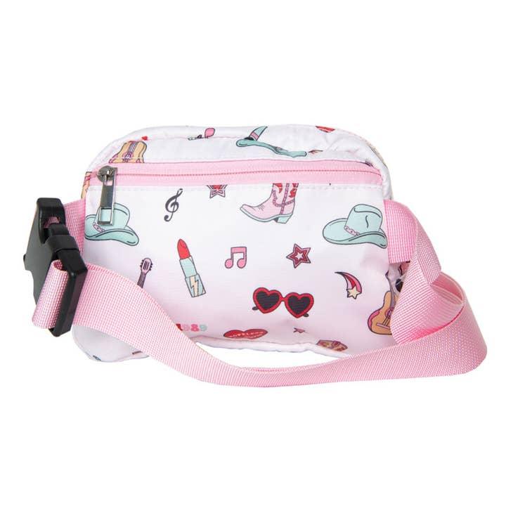 The back side of the belt bag with a zipper compartment and strap. Taylor Swift inspired print. 