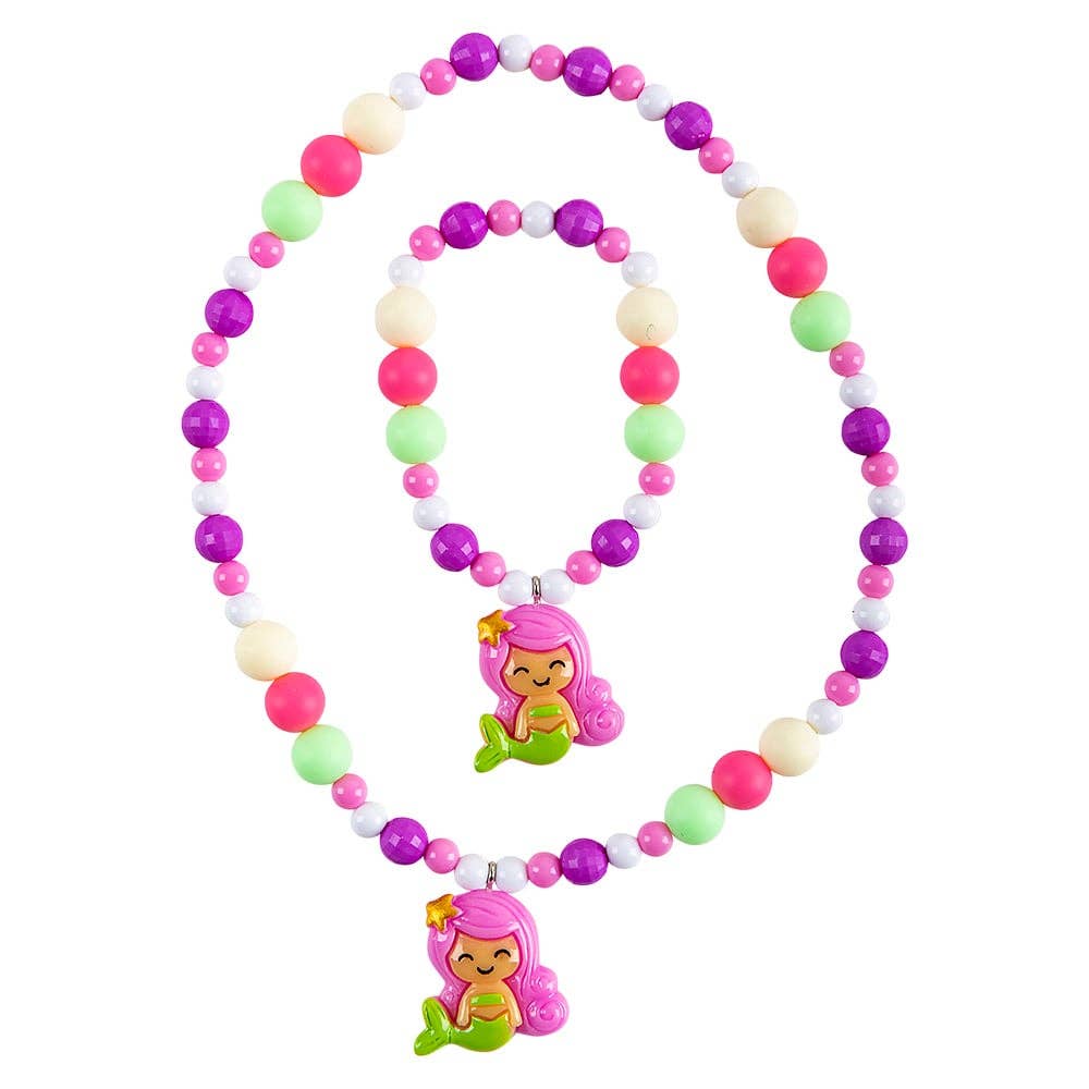 Colorful beaded necklace with mermaid charms on a white background