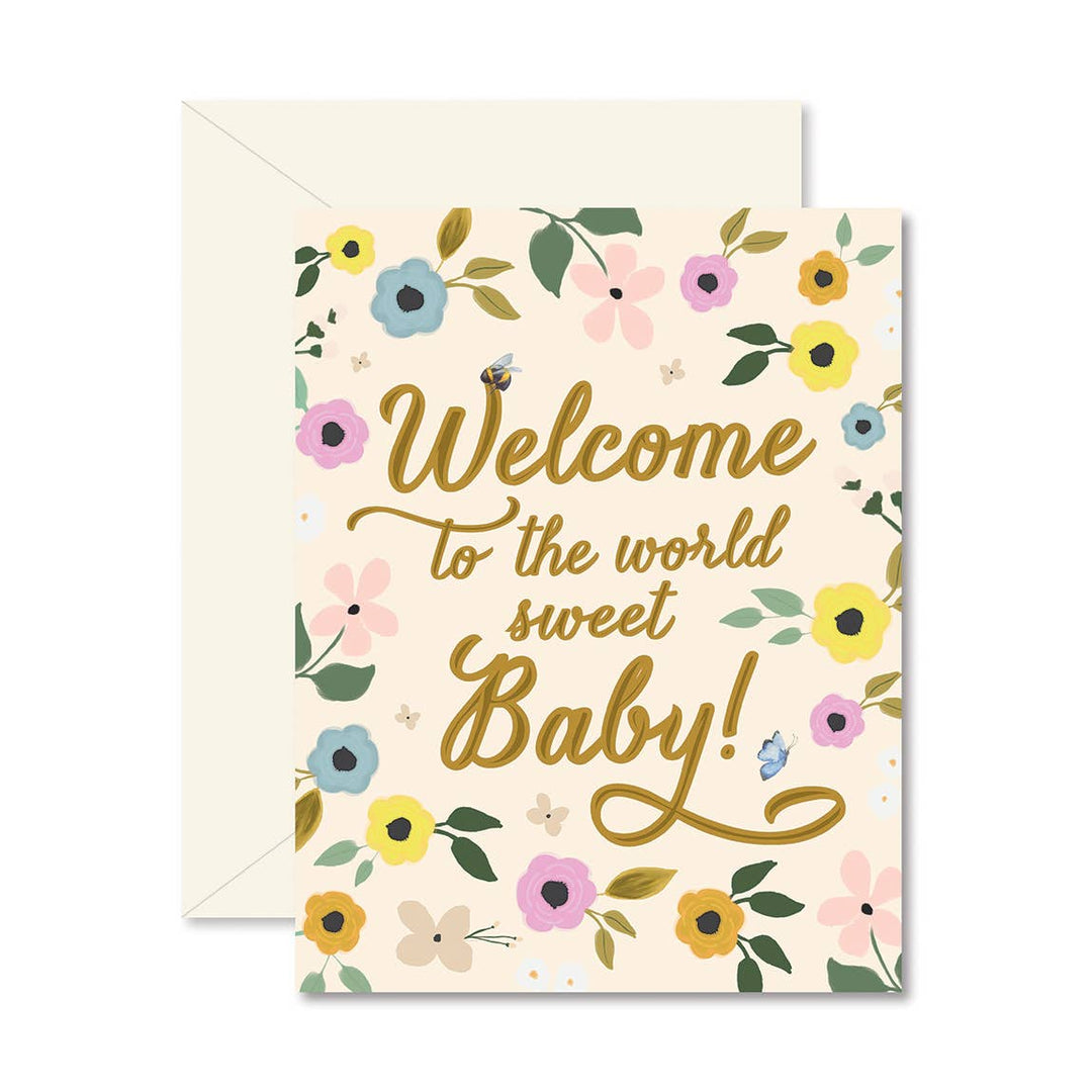 Greeting card with floral design and text 'Welcome to the world sweet baby!' on a white background