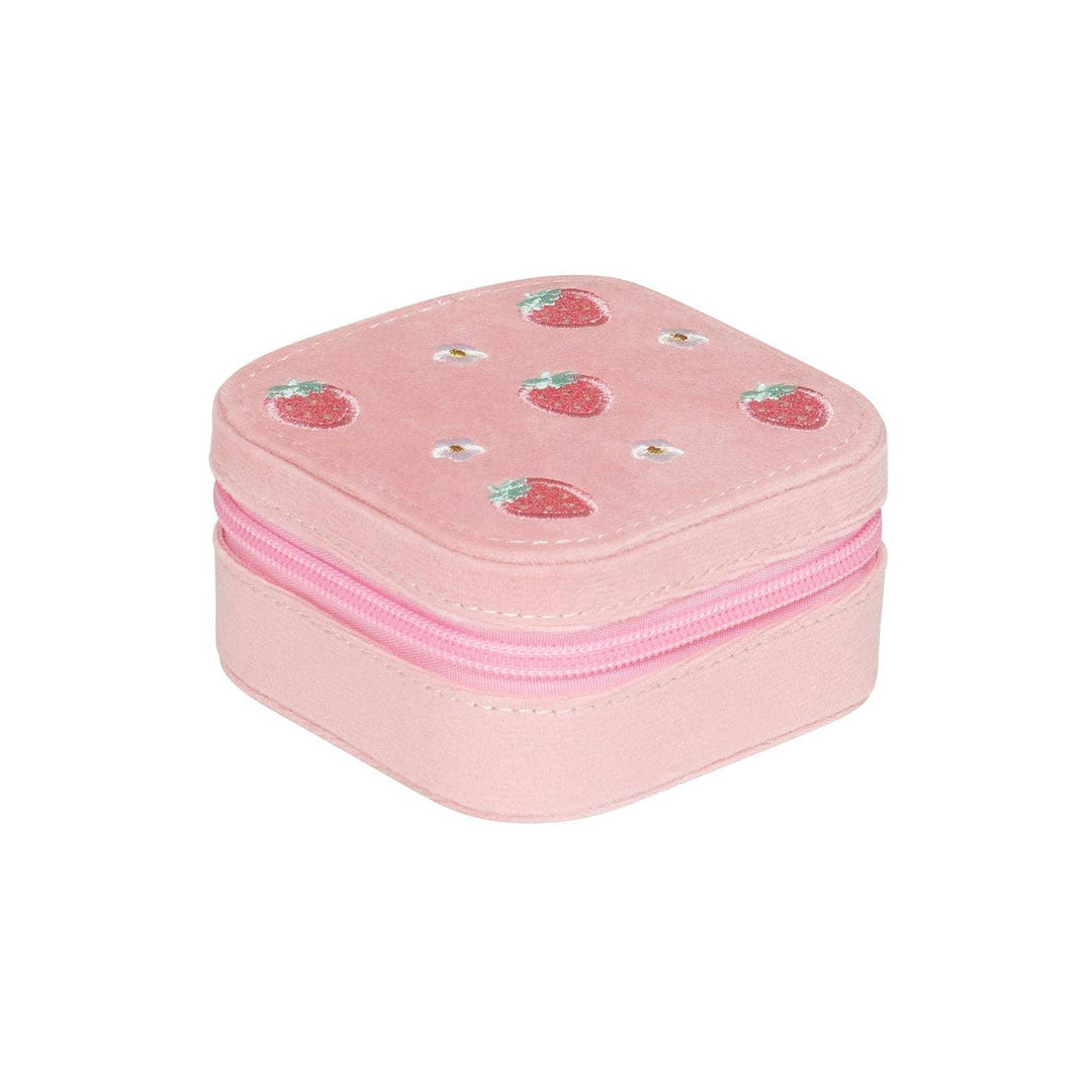 soft velvet pink jewelry box that has a zipper closure and embroidered strrawberries on the lid. 