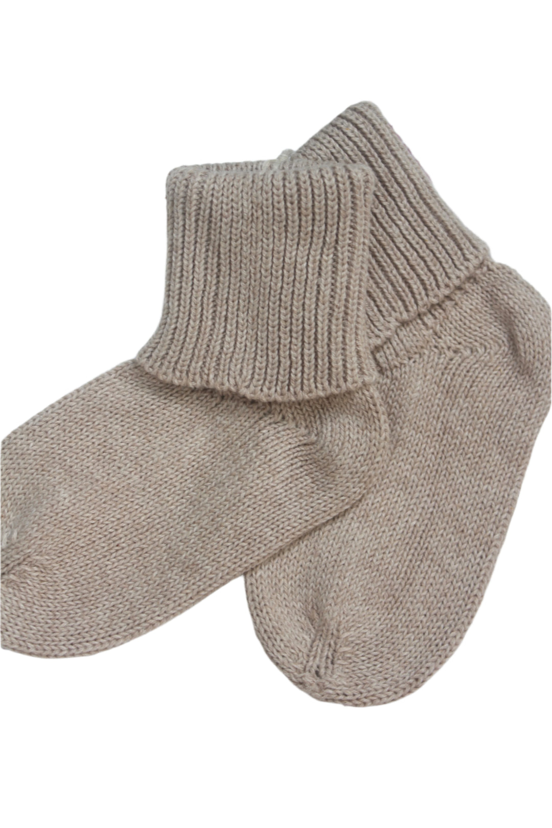 knit baby socks in a toasted brown color with fold over cuff 