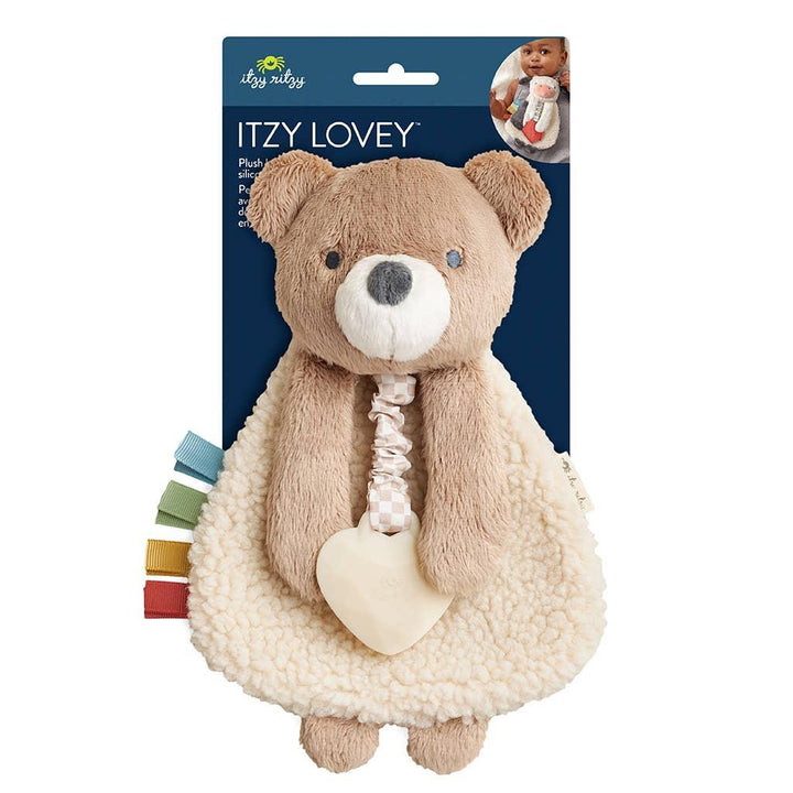 plush bear with silicone teether attached to the bear. brown bear with beige sherpa body. 