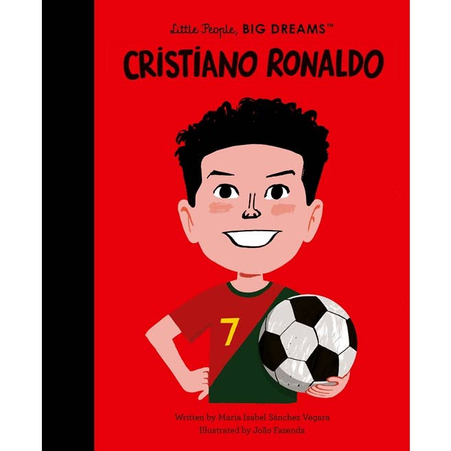 Book cover of 'Little People, Big Dreams' featuring Cristiano Ronaldo as a child on a red background.