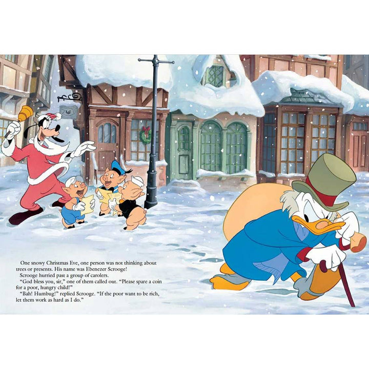 inside pages with Scrooge and Goofy and christmas carolers. 