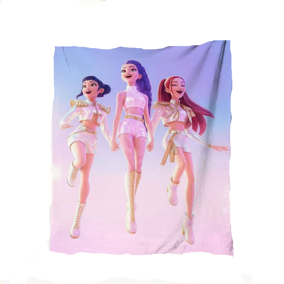  a blanket with K-pop demon hunter cartoon characters on it in a room.