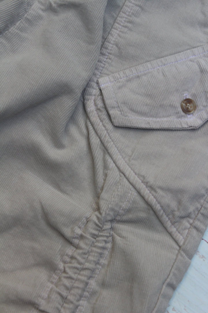 Close-up of a khaki pants waistband and pocket with a button.