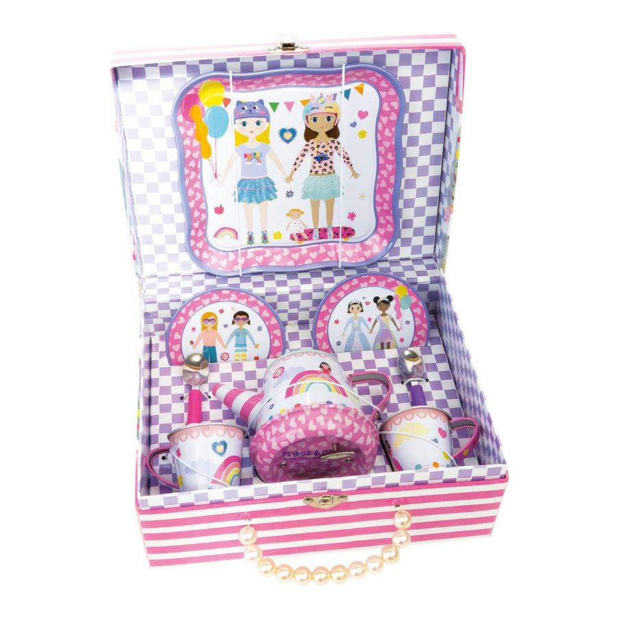 Children's tea set with a checkered box featuring cartoon characters.