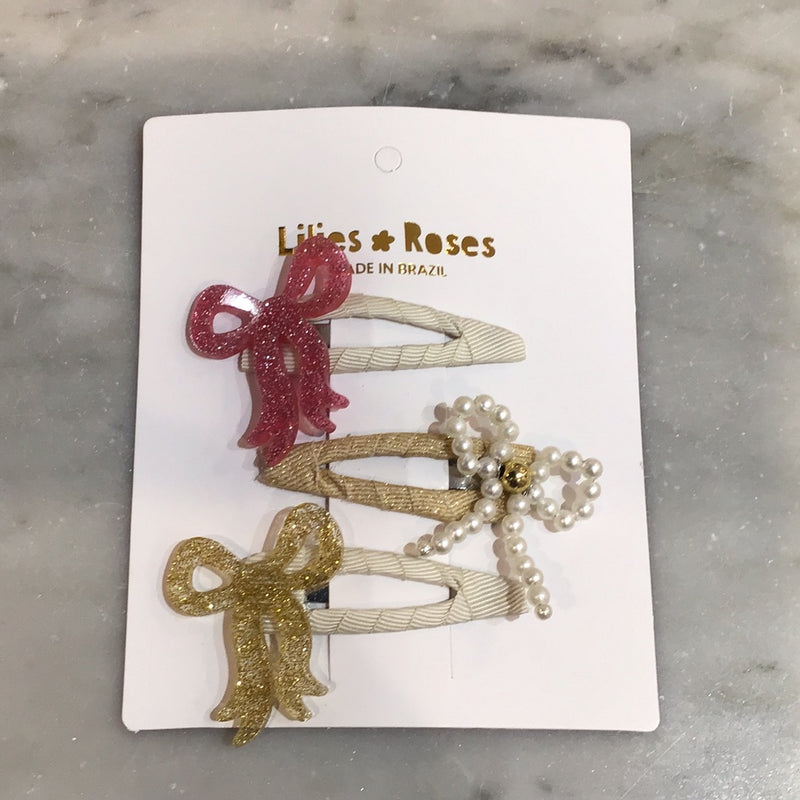 Snap Clip Set | Bows- Pink, Gold and Pearls- Set of 3 | Lilies and Roses NY