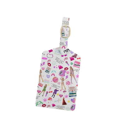 white luggage tag with Taylor Swift inspired mosaic print all over the tag