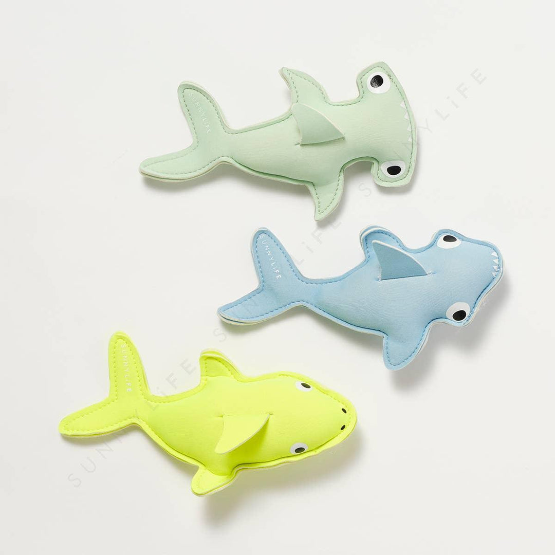 dive buddies in the shapes of sharks, set of 3: neon yellow, blue, and green