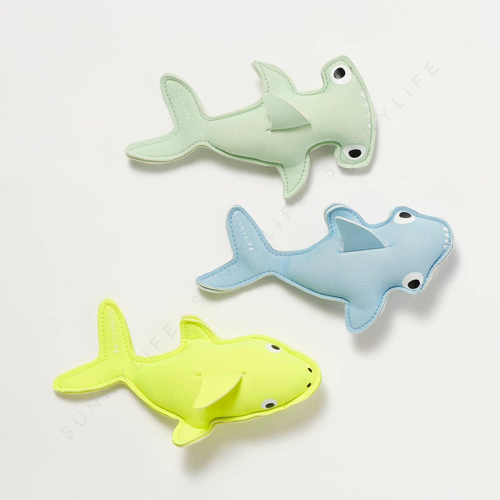 dive buddies in the shapes of sharks, set of 3: neon yellow, blue, and green