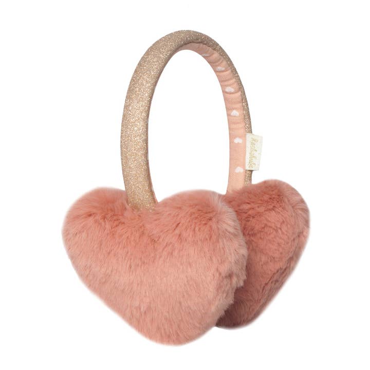 pink heart earmuffs attached to a gold glitter headband