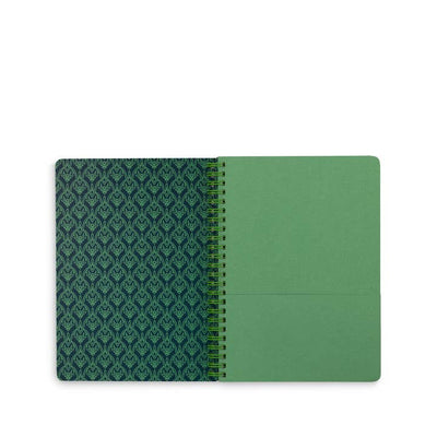 spiral notebook with green folder page in the front and black and green print on the inside. 