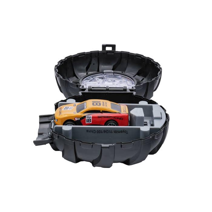 car sitting insde of the case with launch mechanism 