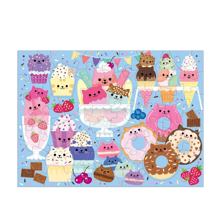 Colorful children's puzzle with cute animal-themed treats on a blue background