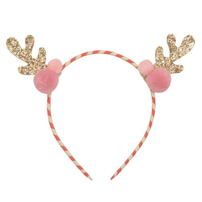 pink and ivory striped headband with gold glitter antlers with 2 pink pom poms 