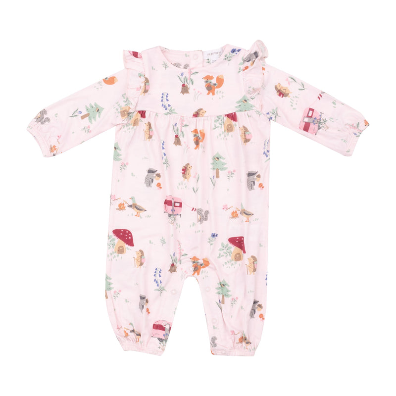 pink baby romper with ruffles on the shoulders. woodland animals all over camping or hanging out by the trees. 