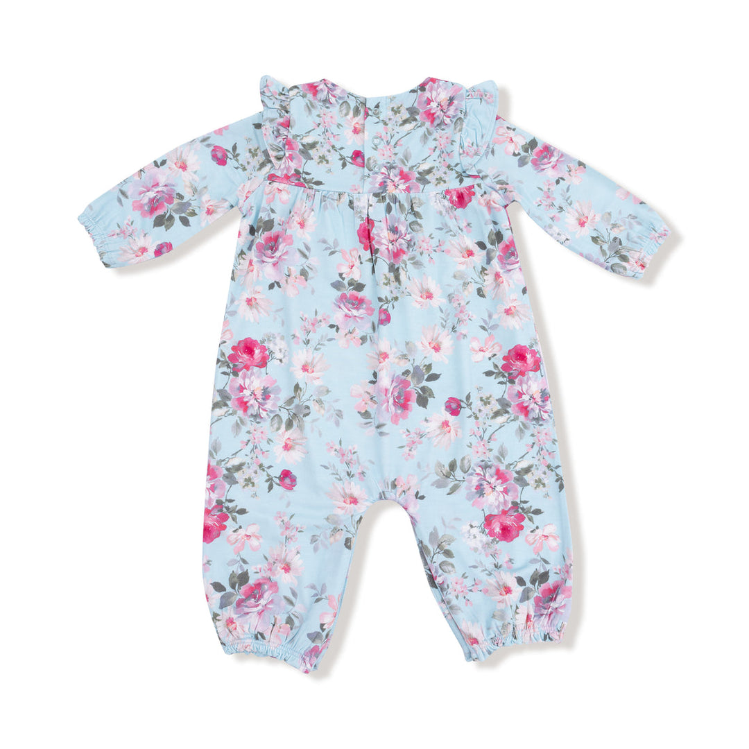 back of Floral baby onesie on a white background